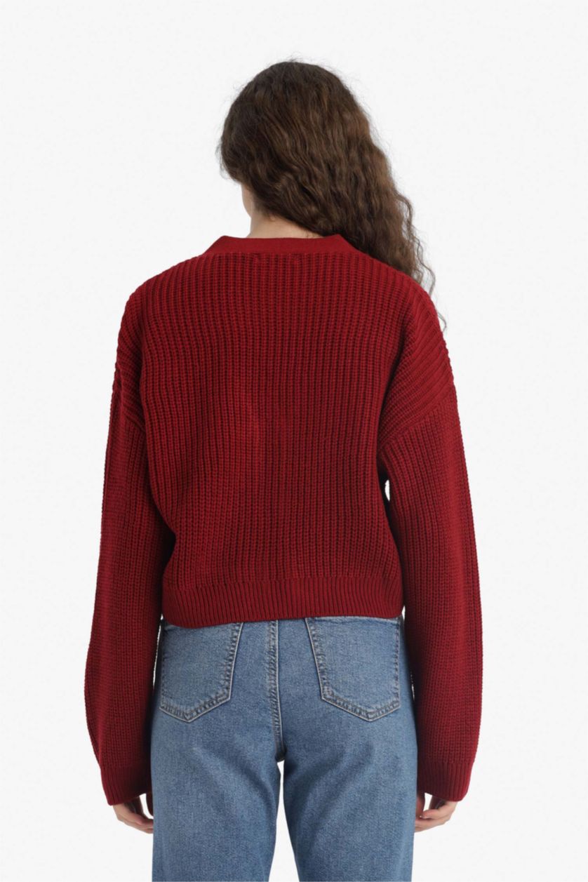 Woman Bordeaux Regular Fit V-Neck Knit Cardigan