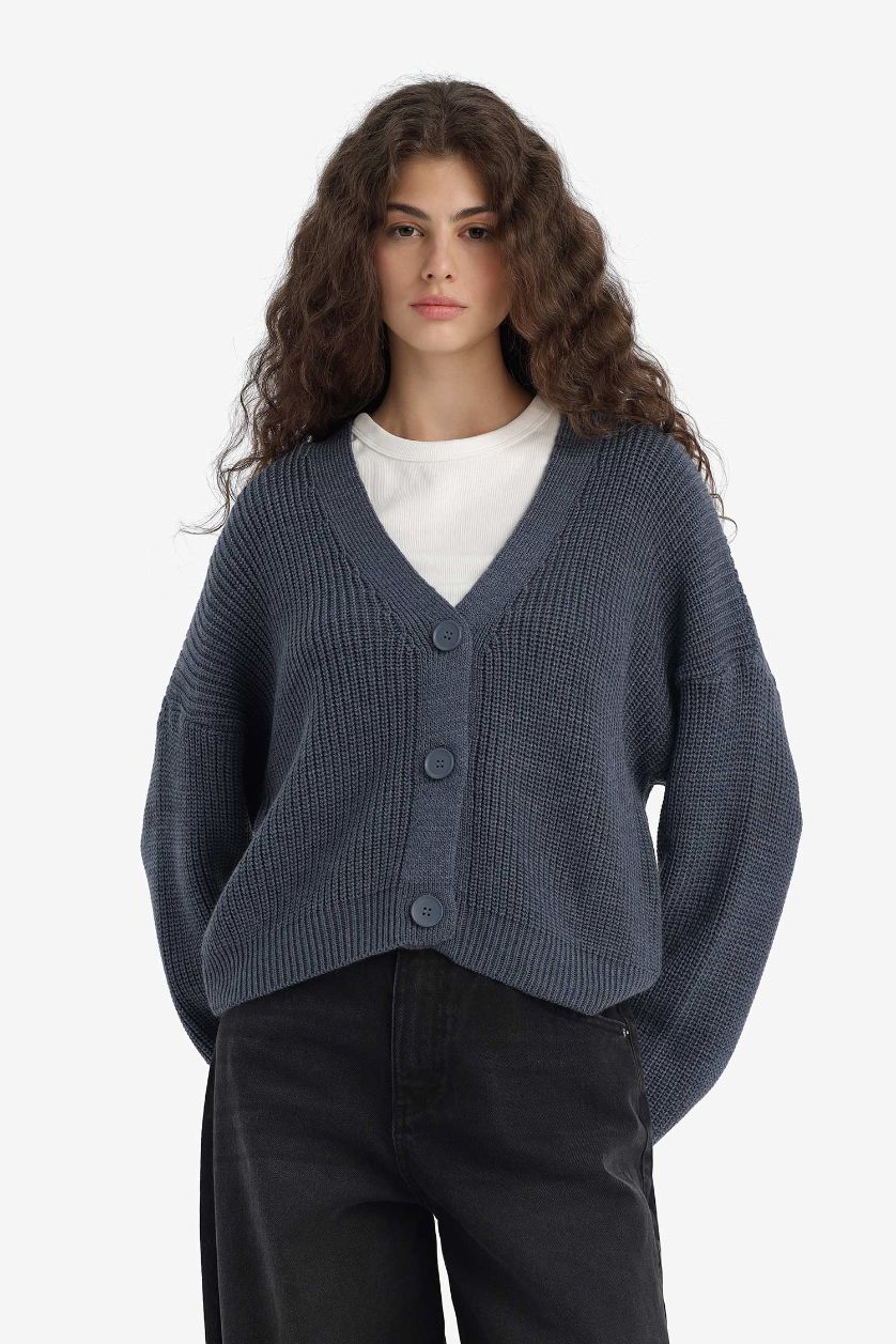 Женщины Индиго Прямой покрой, кардиган с V-образным вырезом и пуговицами, трикотаж