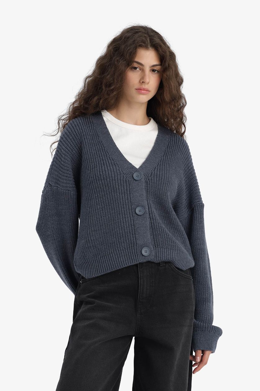 Женщины Индиго Прямой покрой, кардиган с V-образным вырезом и пуговицами, трикотаж
