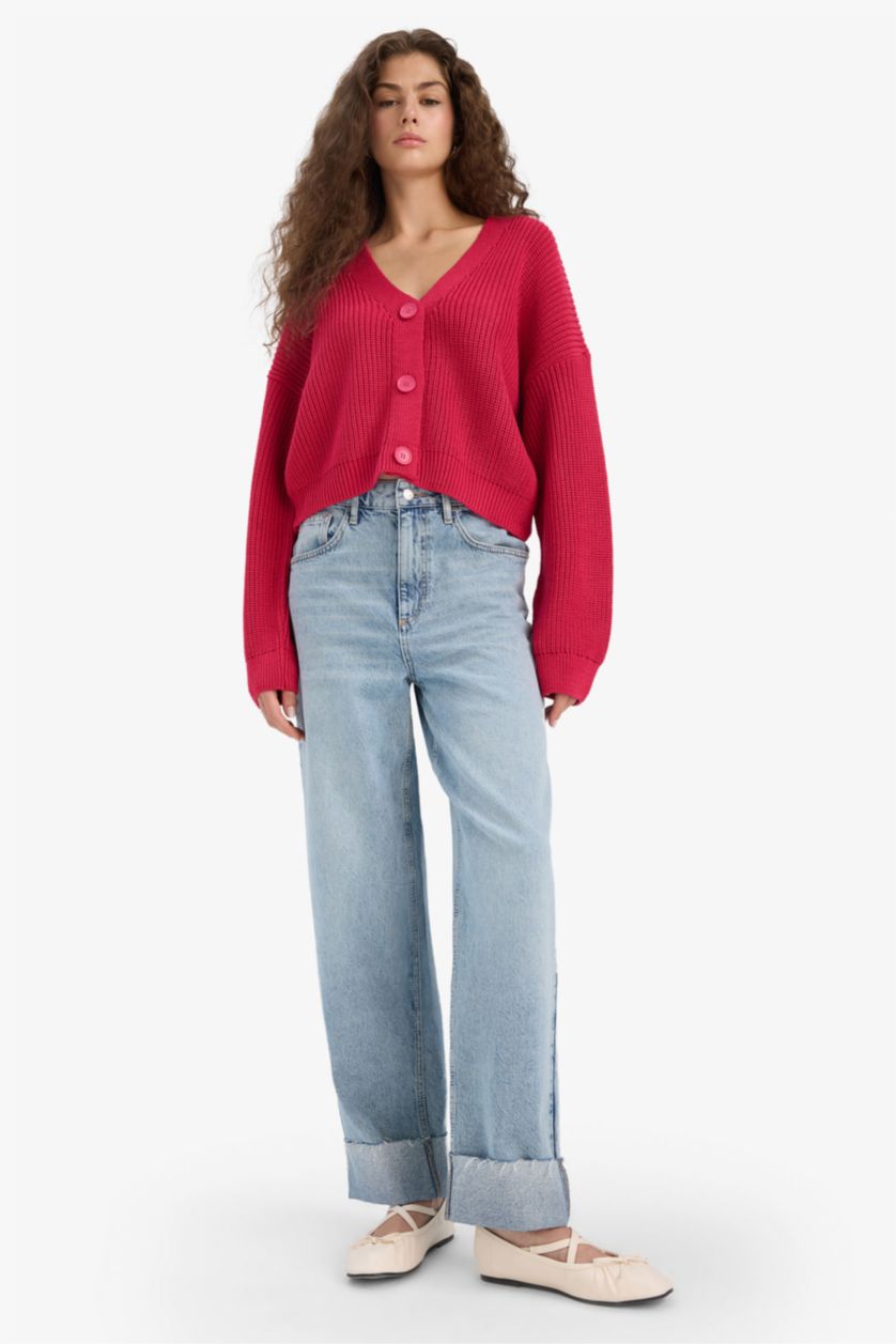 حريمي فوشي كارديجان قصة عادية بياقة V فوشية