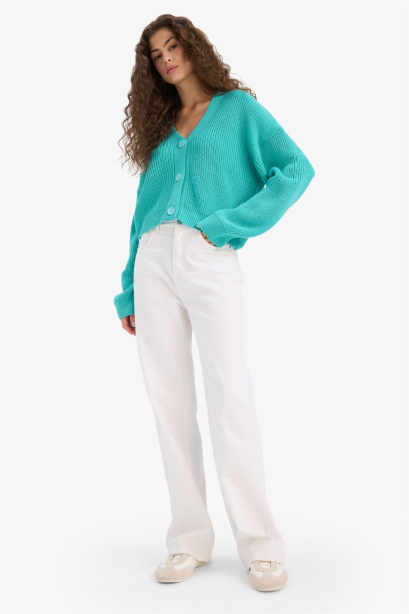 WOMAN Turquoise Regular Fit V-Neck Cardigan