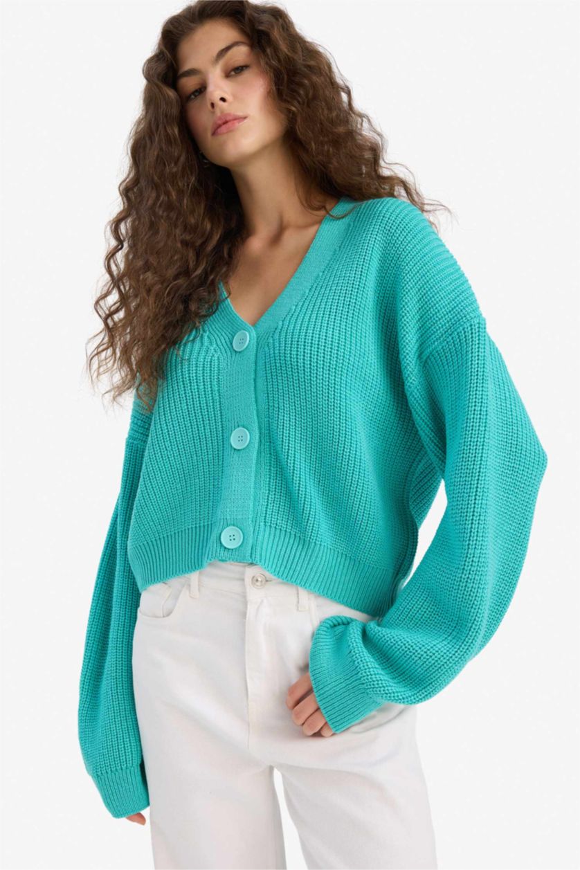 WOMAN Turquoise Regular Fit V-Neck Cardigan