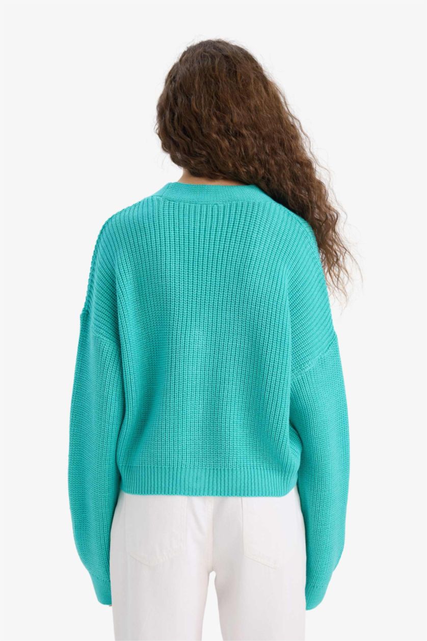 WOMAN Turquoise Regular Fit V-Neck Cardigan