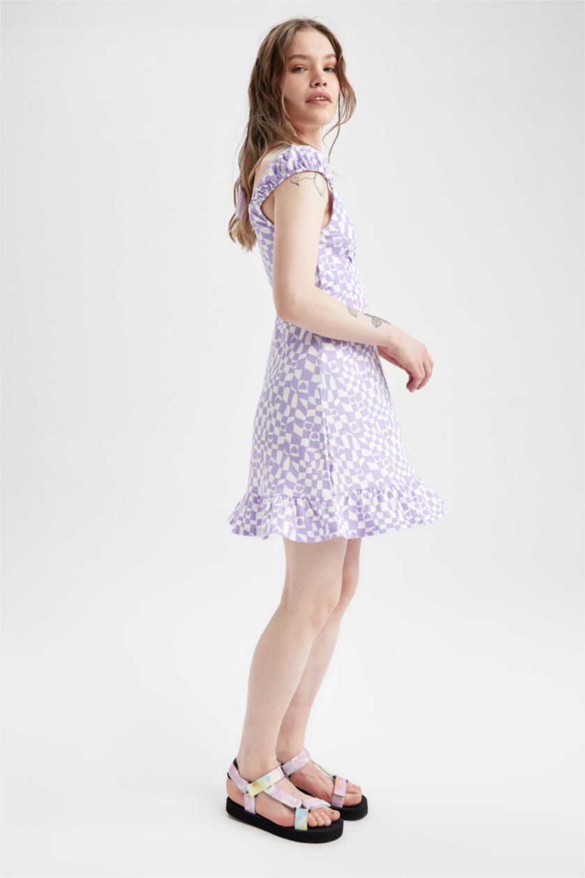 نساء أرجواني داكن فستان متوسط ​​الطول بأكمام قصيرة رقبة على شكل V