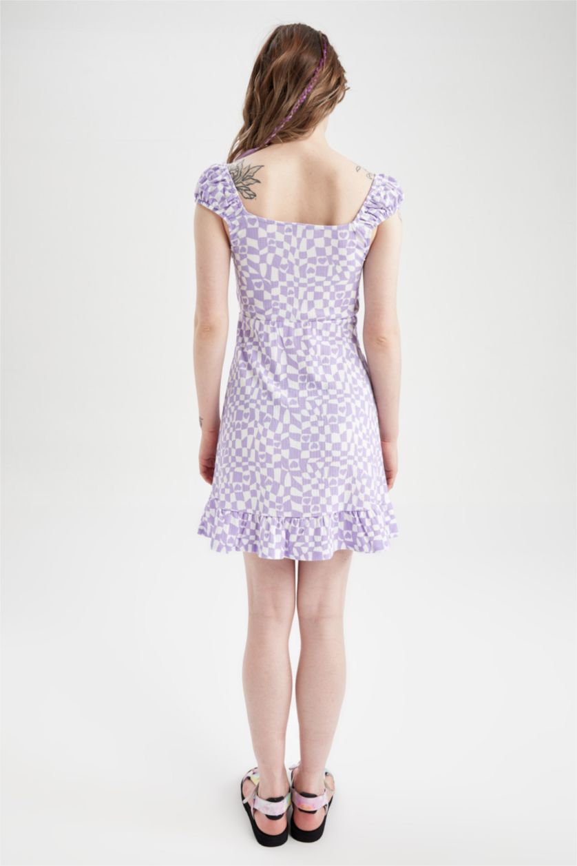 نساء أرجواني داكن فستان متوسط ​​الطول بأكمام قصيرة رقبة على شكل V