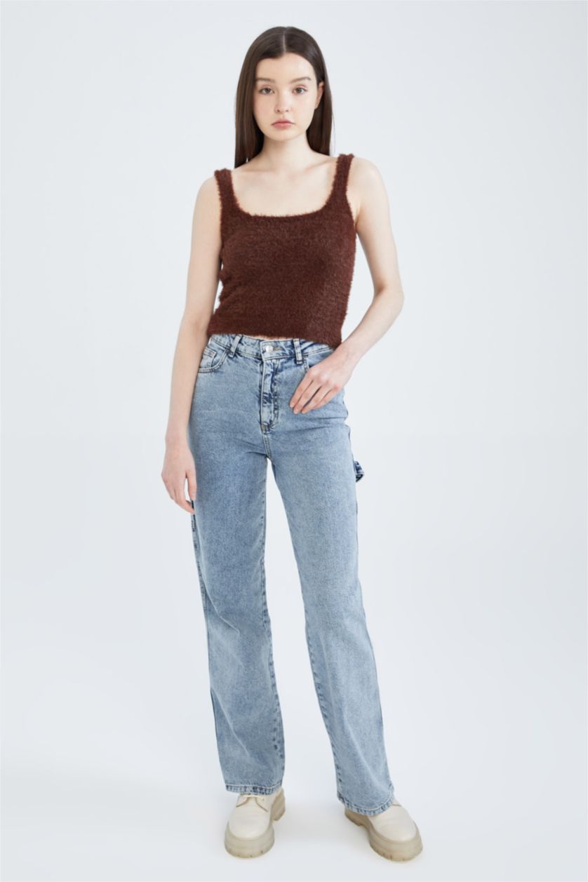 WOMAN Brown Slim Fit Square Collar Sleeveless Tank Top