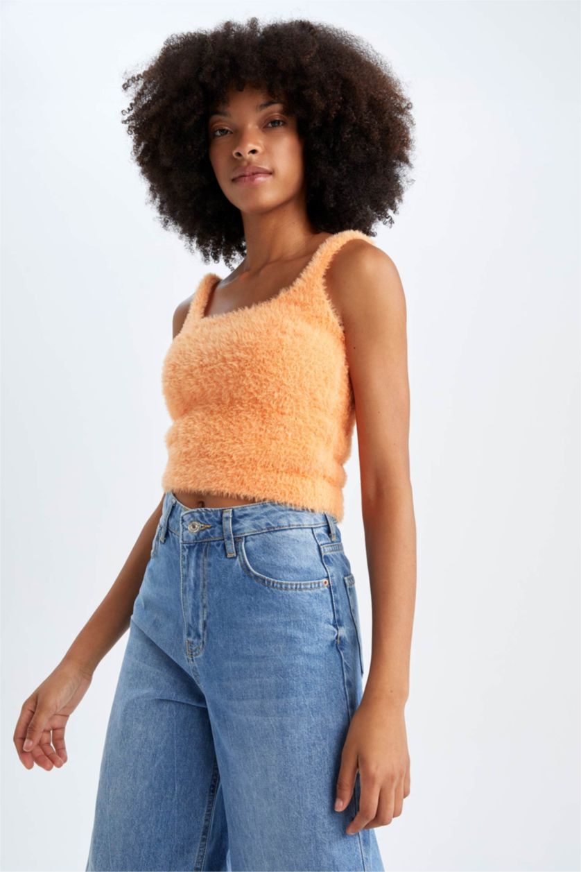 Kadın Turuncu Regular Fit Kare Yaka Triko Atlet