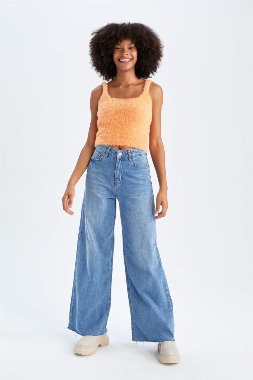 Kadın Turuncu Regular Fit Kare Yaka Triko Atlet