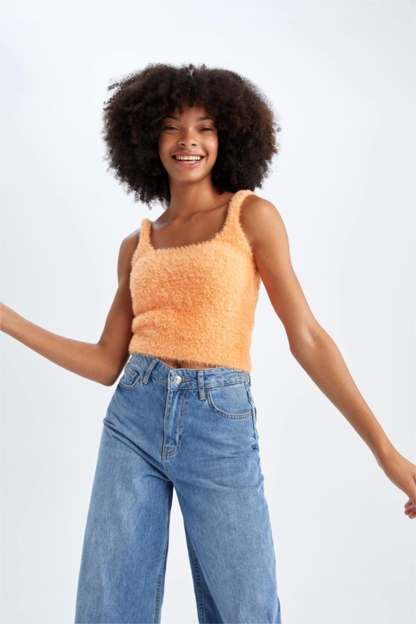 Kadın Turuncu Regular Fit Kare Yaka Triko Atlet