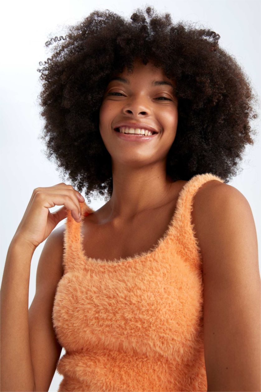 Kadın Turuncu Regular Fit Kare Yaka Triko Atlet