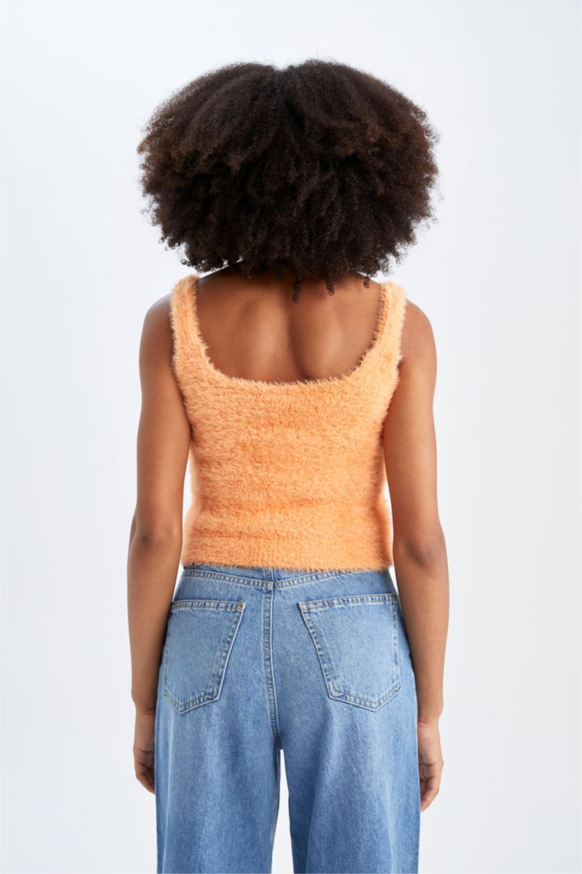 Kadın Turuncu Regular Fit Kare Yaka Triko Atlet