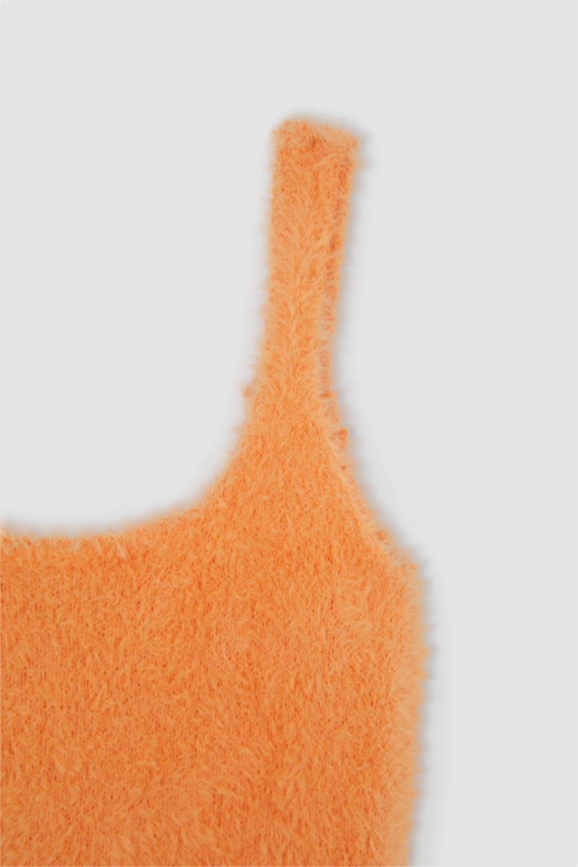 Kadın Turuncu Regular Fit Kare Yaka Triko Atlet