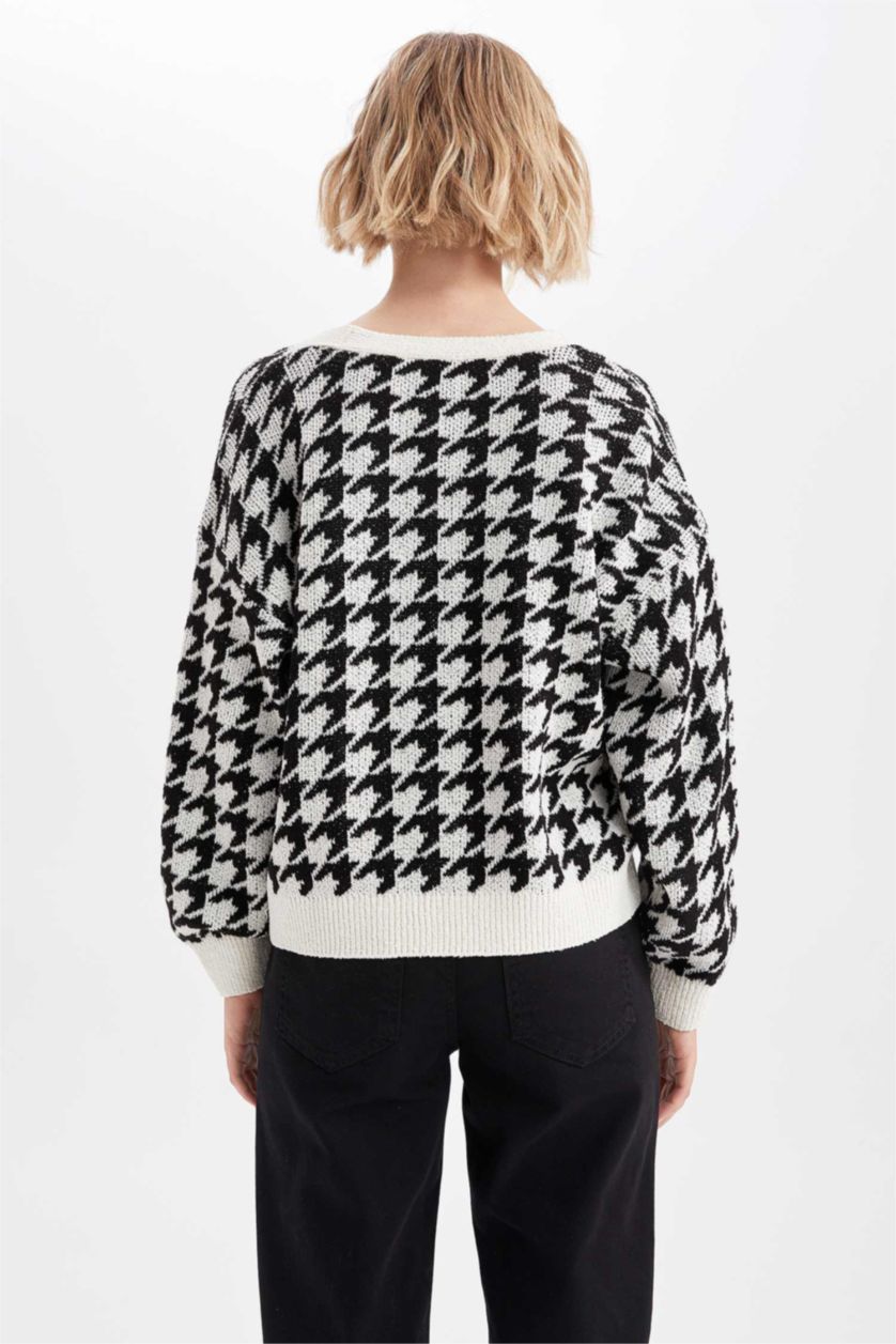 نساء أسود سويتر أوفر سايز بياقة V بجيب بأزرار