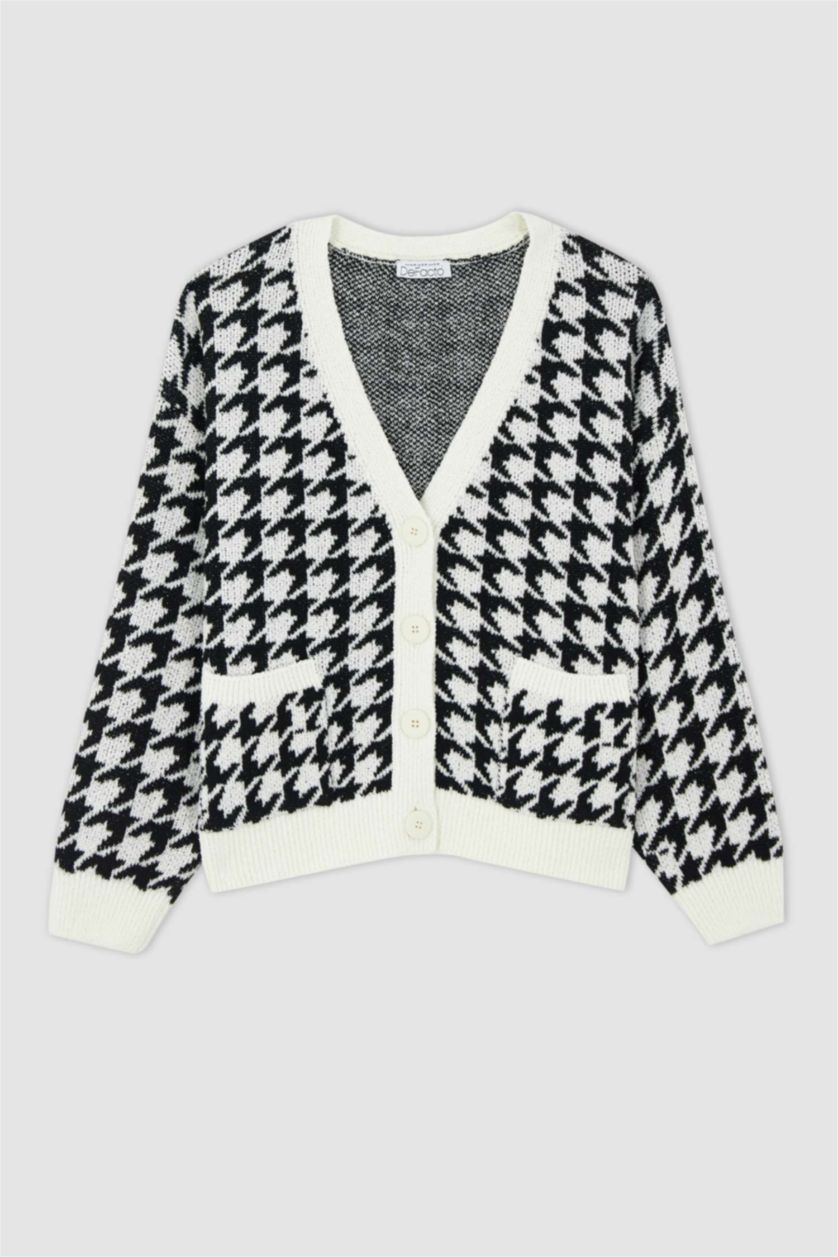 نساء أسود سويتر أوفر سايز بياقة V بجيب بأزرار