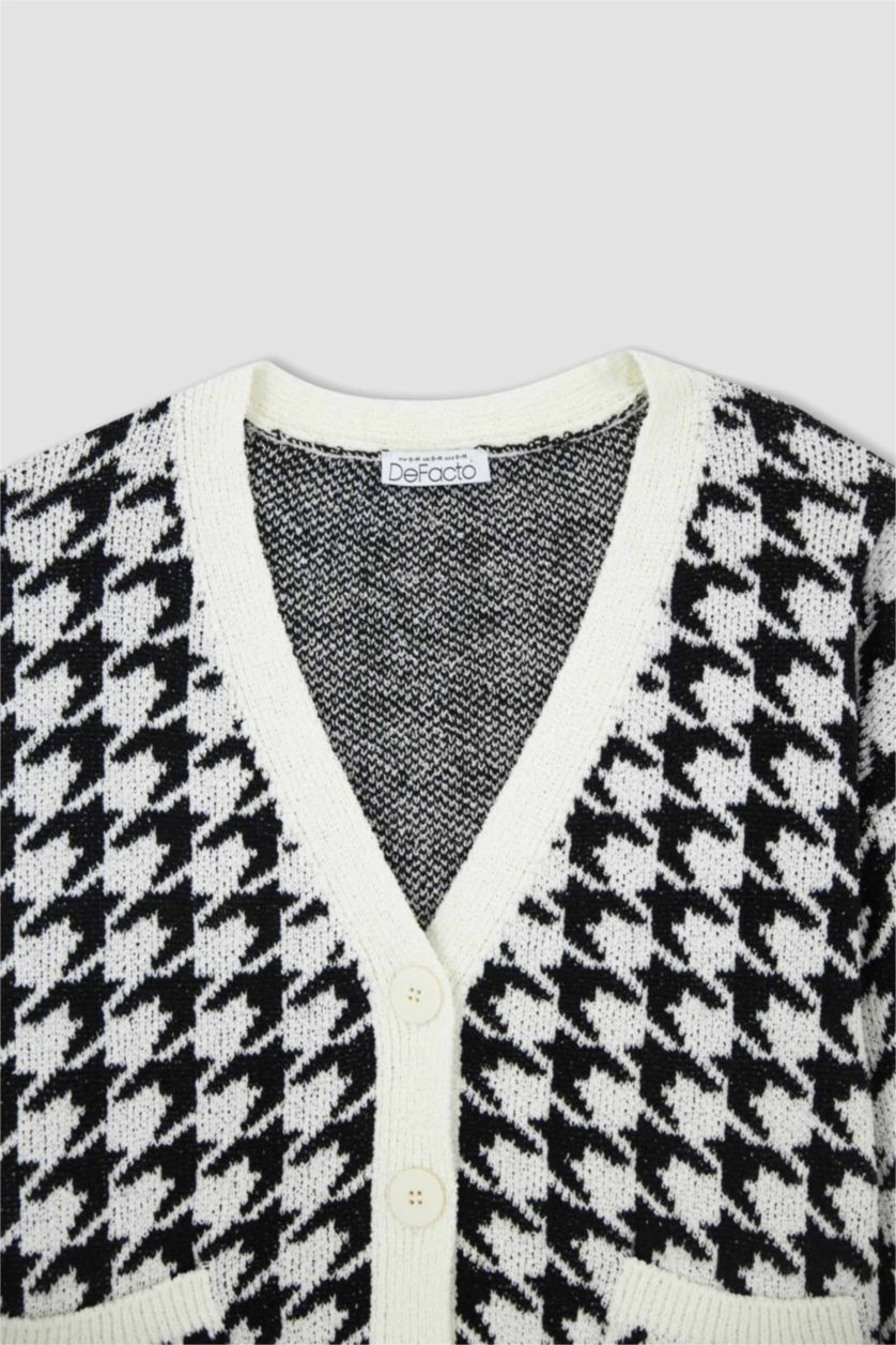 نساء أسود سويتر أوفر سايز بياقة V بجيب بأزرار