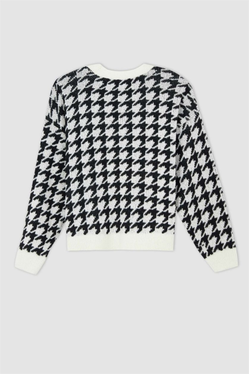 نساء أسود سويتر أوفر سايز بياقة V بجيب بأزرار