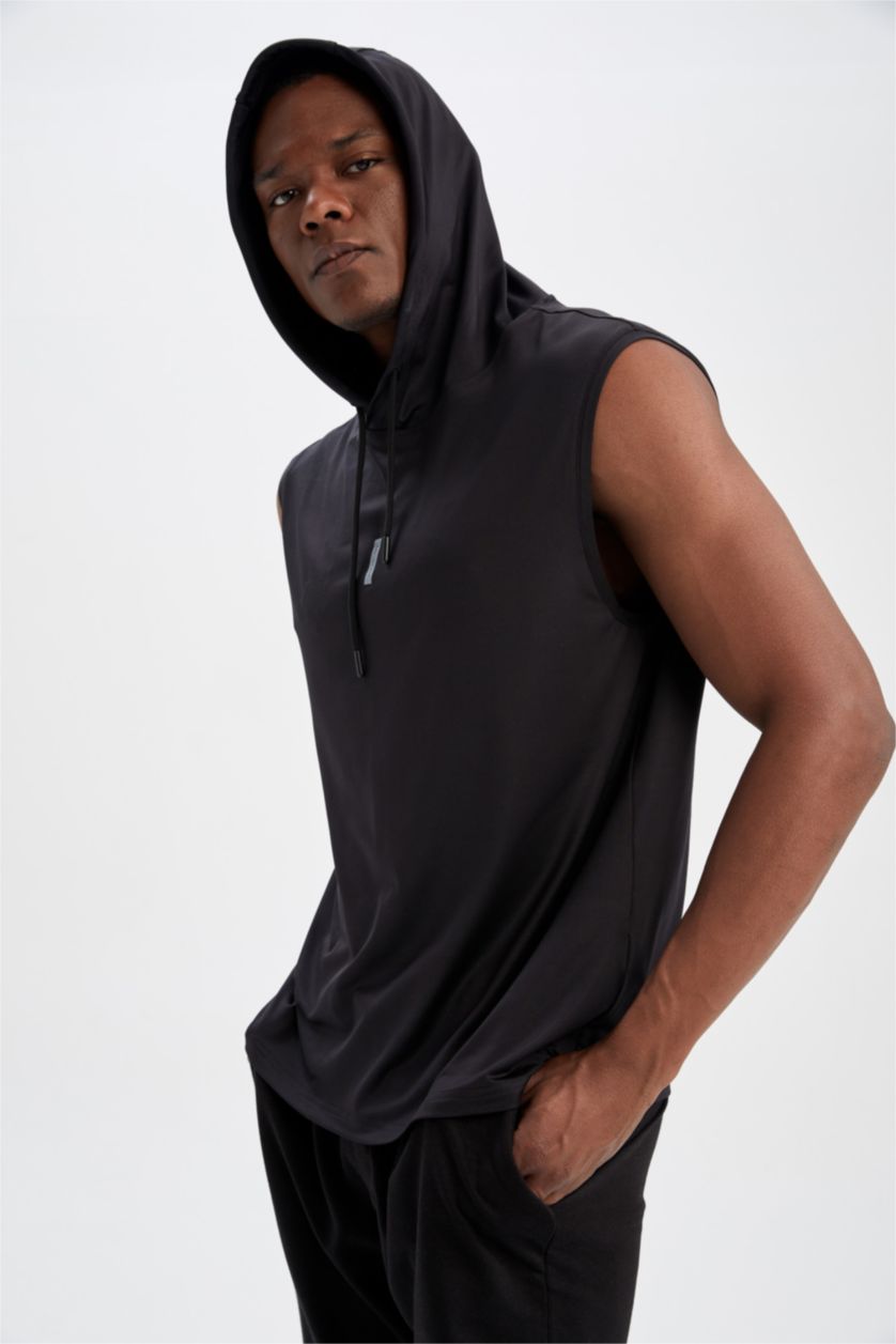 MAN Black Slim Fit Hooded Sleeveless Sports Basketball Cotton Combed T-Shirt