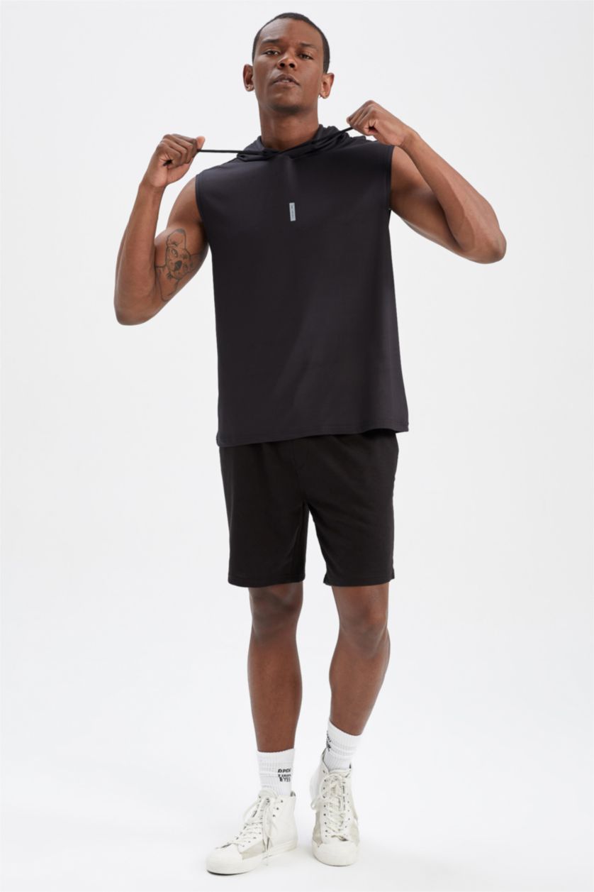 MAN Black Slim Fit Hooded Sleeveless Sports Basketball Cotton Combed T-Shirt