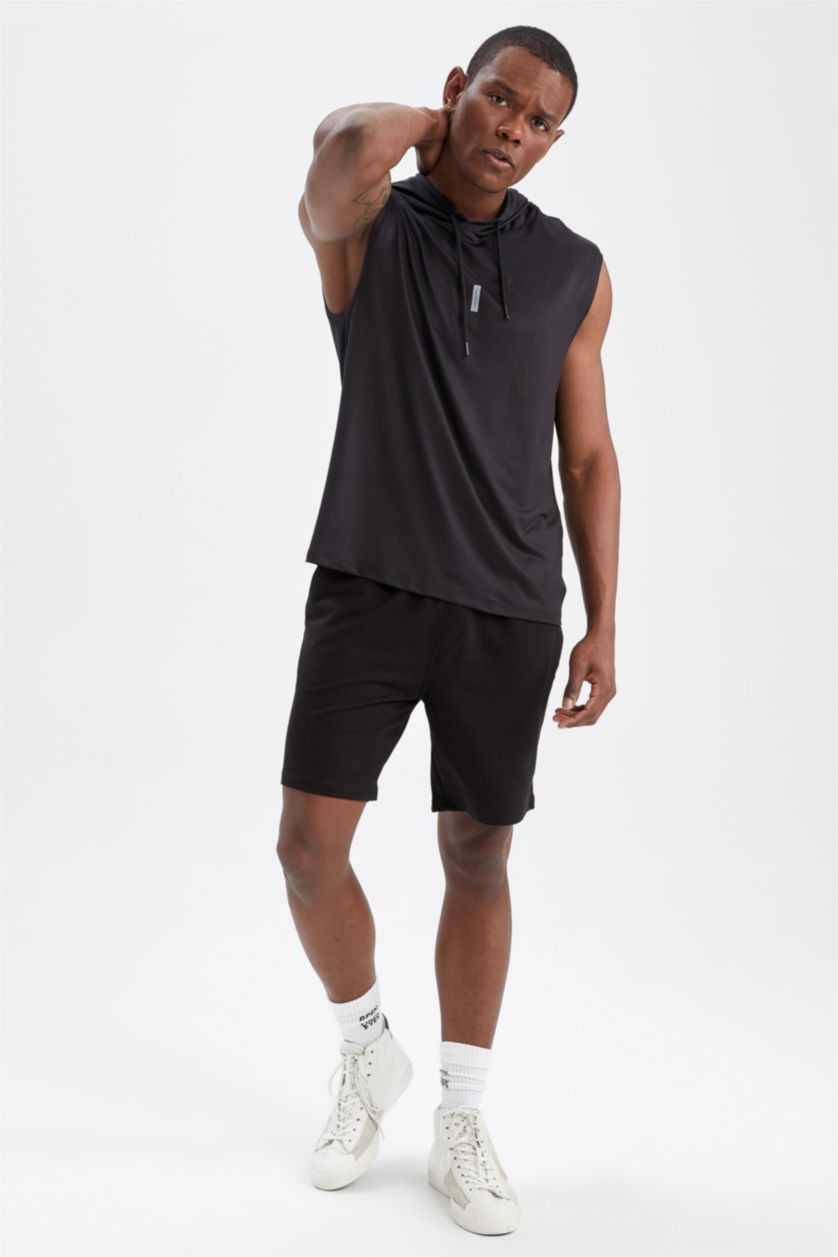 MAN Black Slim Fit Hooded Sleeveless Sports Basketball Cotton Combed T-Shirt