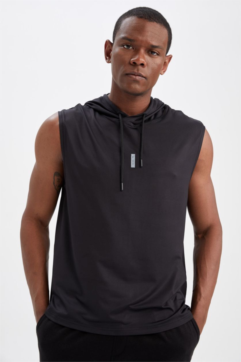 MAN Black Slim Fit Hooded Sleeveless Sports Basketball Cotton Combed T-Shirt