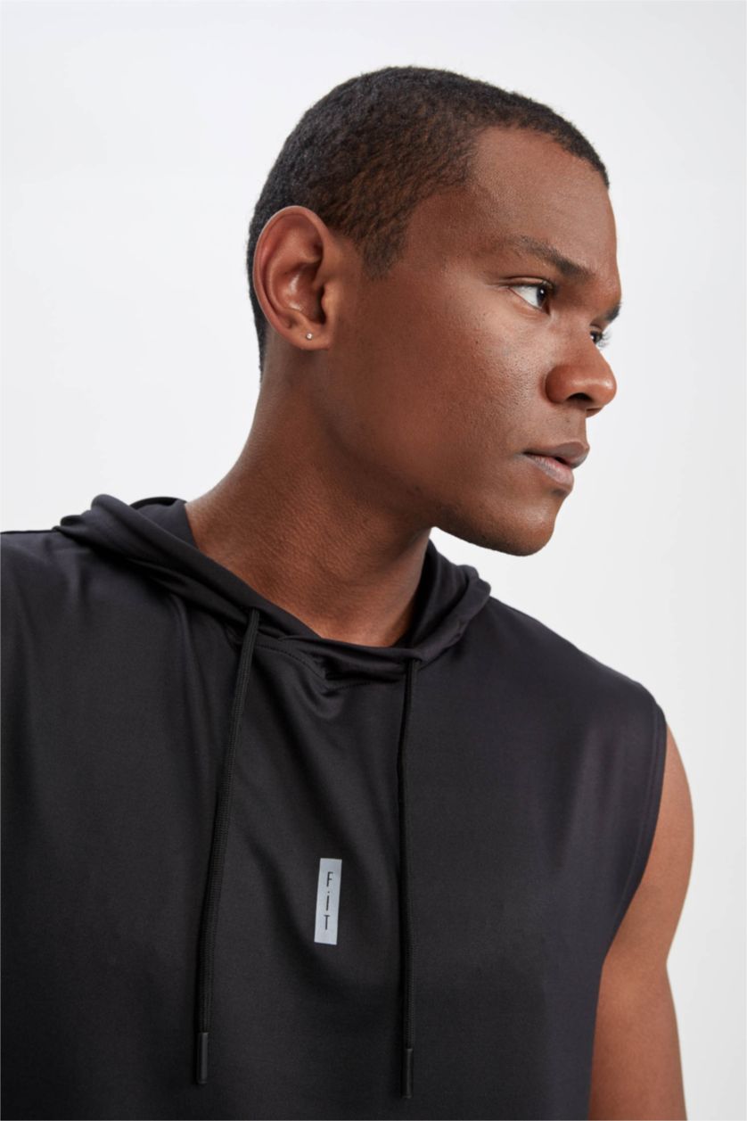 MAN Black Slim Fit Hooded Sleeveless Sports Basketball Cotton Combed T-Shirt