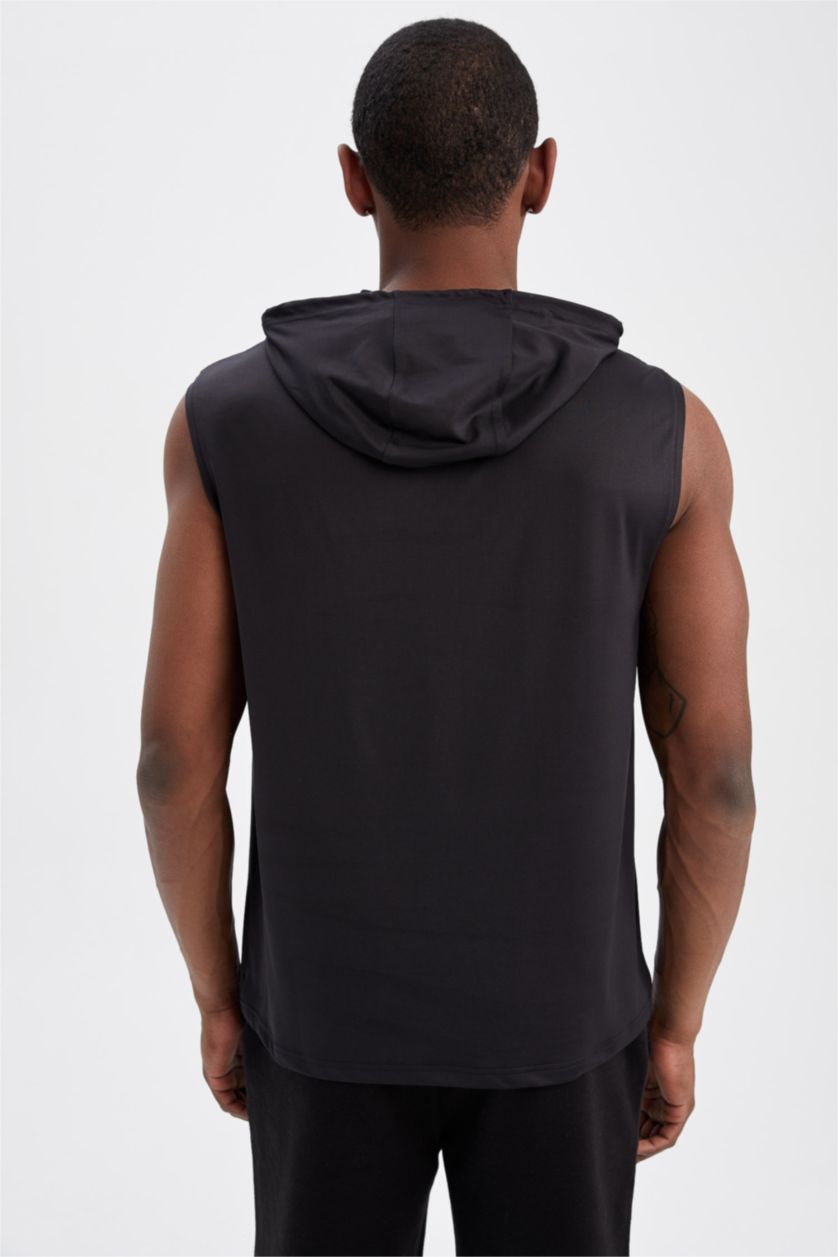 MAN Black Slim Fit Hooded Sleeveless Sports Basketball Cotton Combed T-Shirt