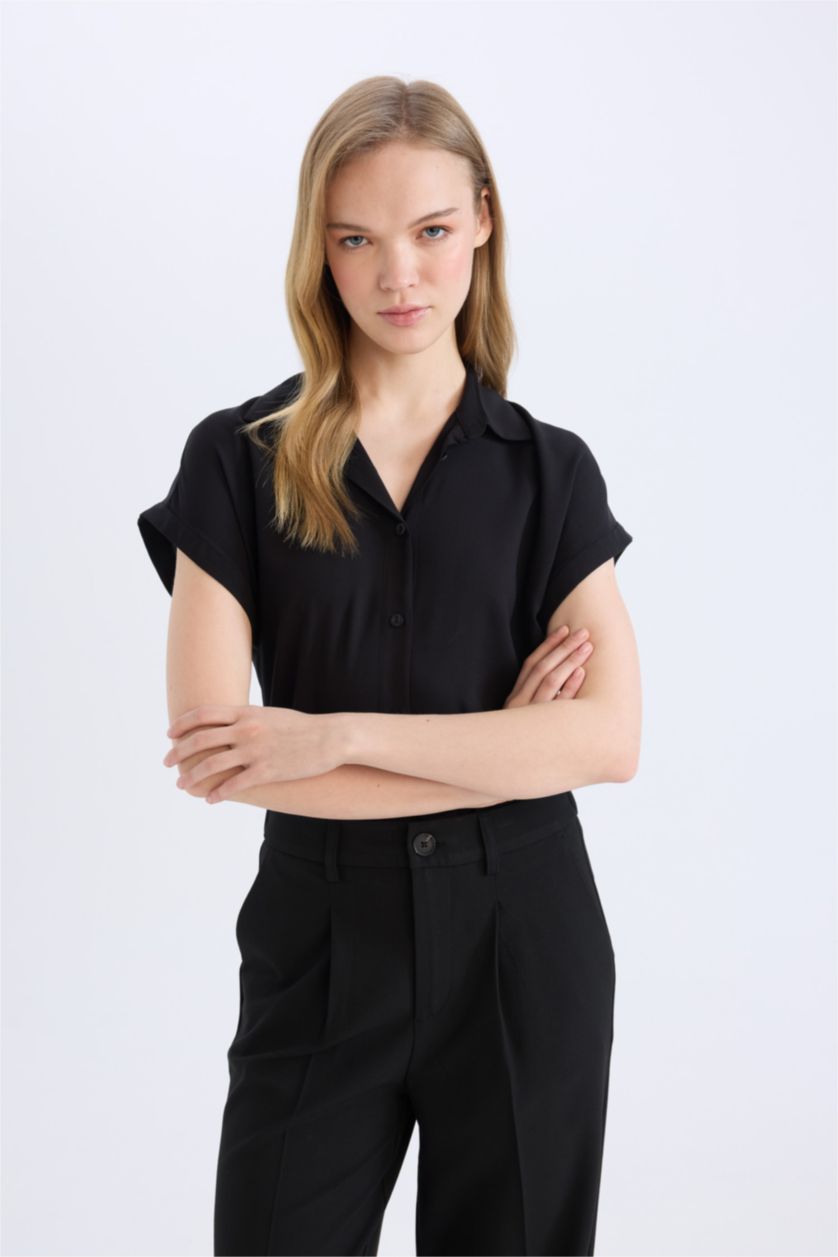 WOMAN Black Regular Fit Shirt Collar Short Sleeve Shirt