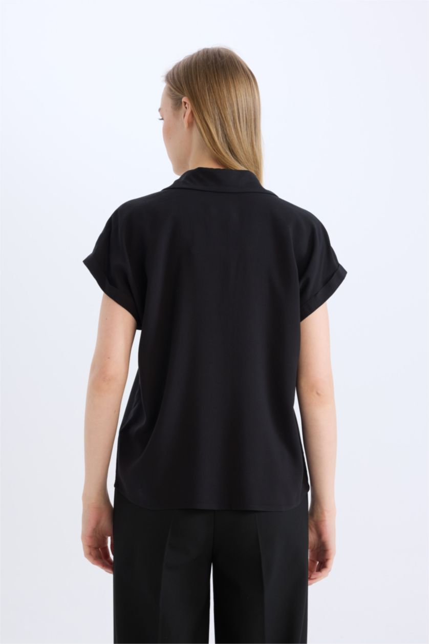 WOMAN Black Regular Fit Shirt Collar Short Sleeve Shirt
