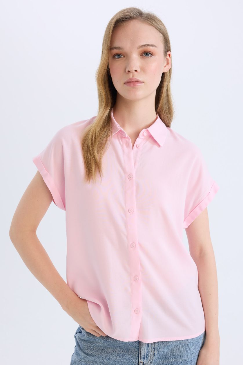 Woman Pink Regular Fit Shirt Collar Short Sleeve Shirt