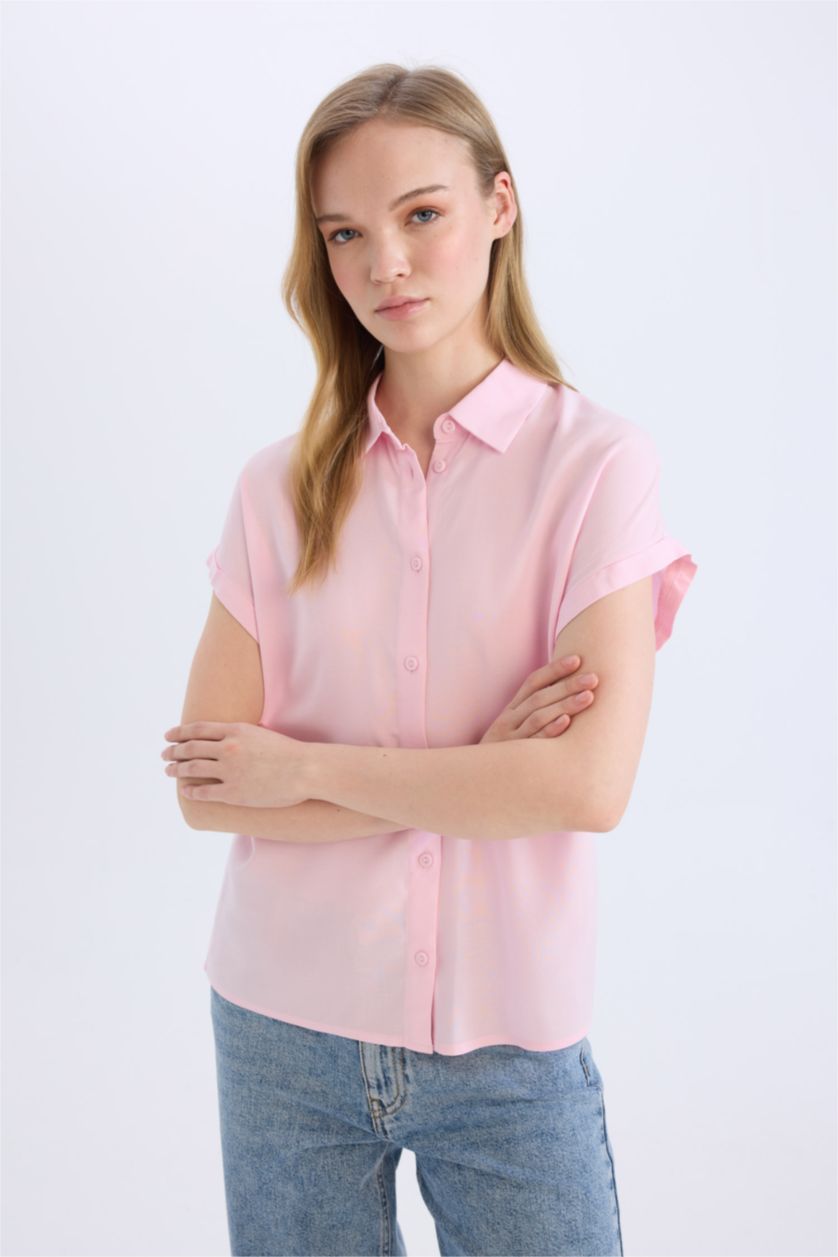 Woman Pink Regular Fit Shirt Collar Short Sleeve Shirt