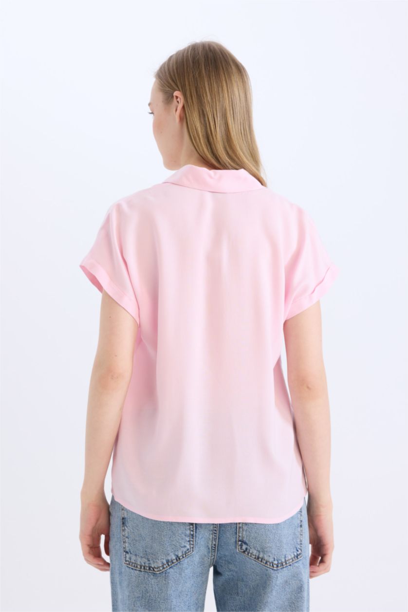 Woman Pink Regular Fit Shirt Collar Short Sleeve Shirt