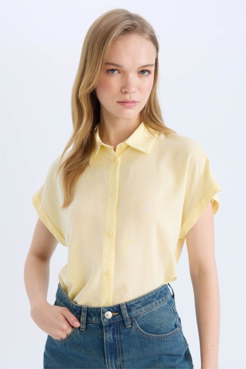 WOMAN Light Yellow Regular Fit Shirt Collar Short Sleeve Shirt