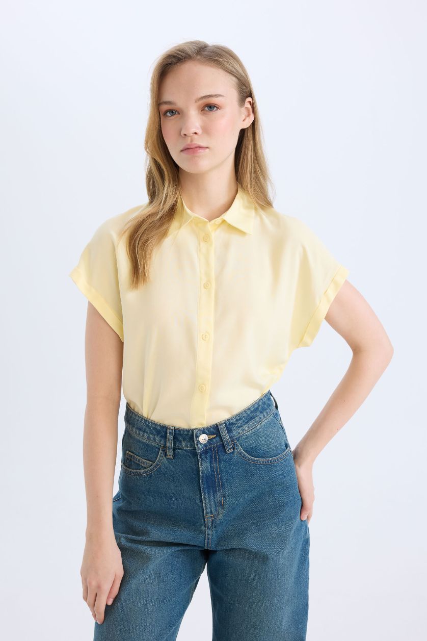 WOMAN Light Yellow Regular Fit Shirt Collar Short Sleeve Shirt