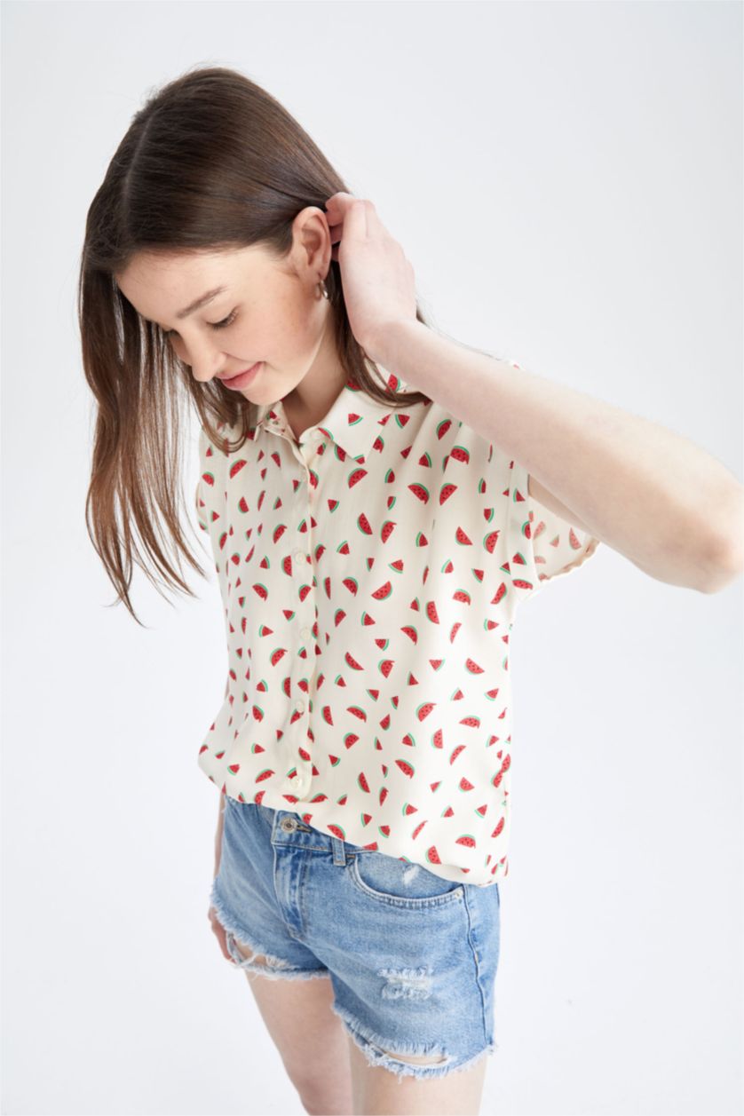 WOMAN Ecru Relax Fit Watermelon Patterned Shirt Collar Short Sleeve Viscose Shirt