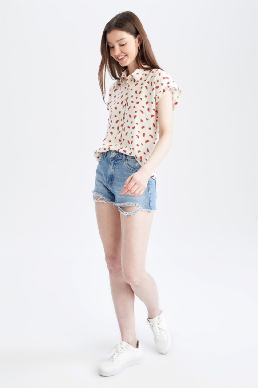 WOMAN Ecru Relax Fit Watermelon Patterned Shirt Collar Short Sleeve Viscose Shirt