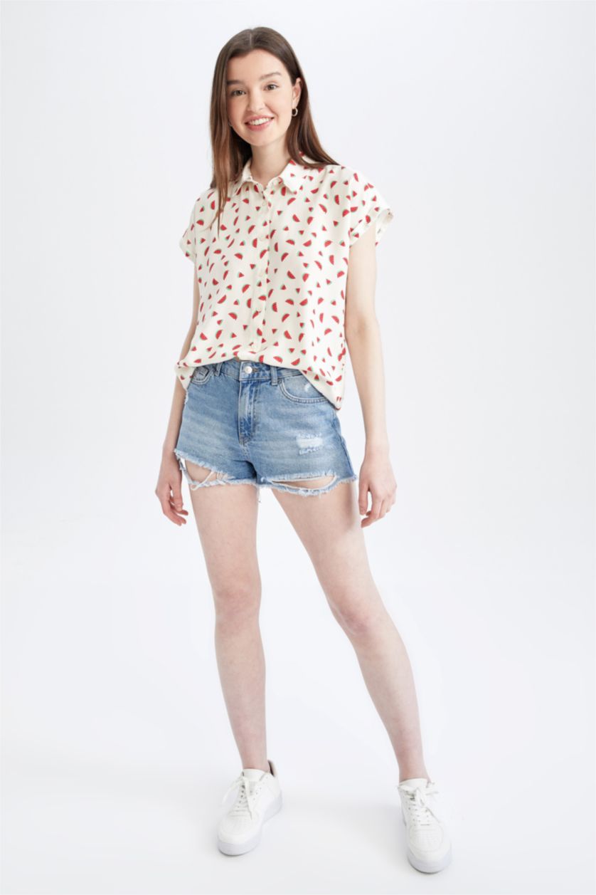 WOMAN Ecru Relax Fit Watermelon Patterned Shirt Collar Short Sleeve Viscose Shirt