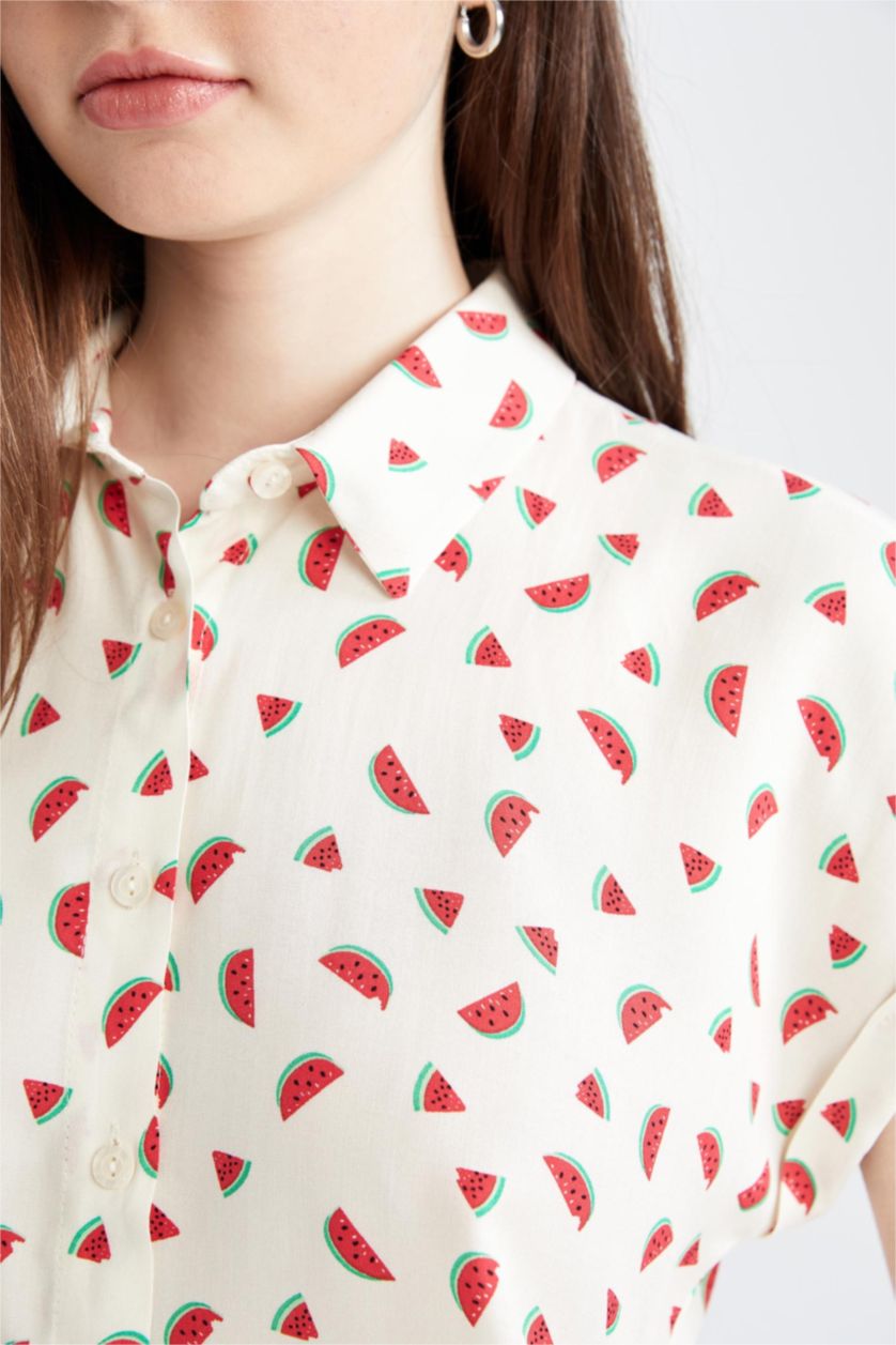 WOMAN Ecru Relax Fit Watermelon Patterned Shirt Collar Short Sleeve Viscose Shirt
