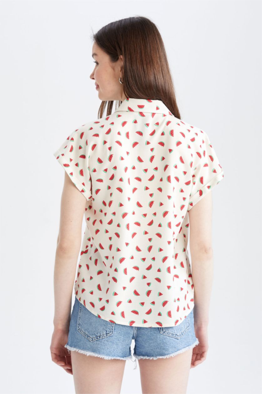 WOMAN Ecru Relax Fit Watermelon Patterned Shirt Collar Short Sleeve Viscose Shirt