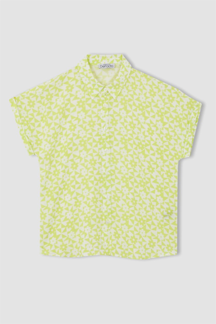 FEMME Vert Clair Chemise en viscose à manches courtes imprimée à coupe régulière