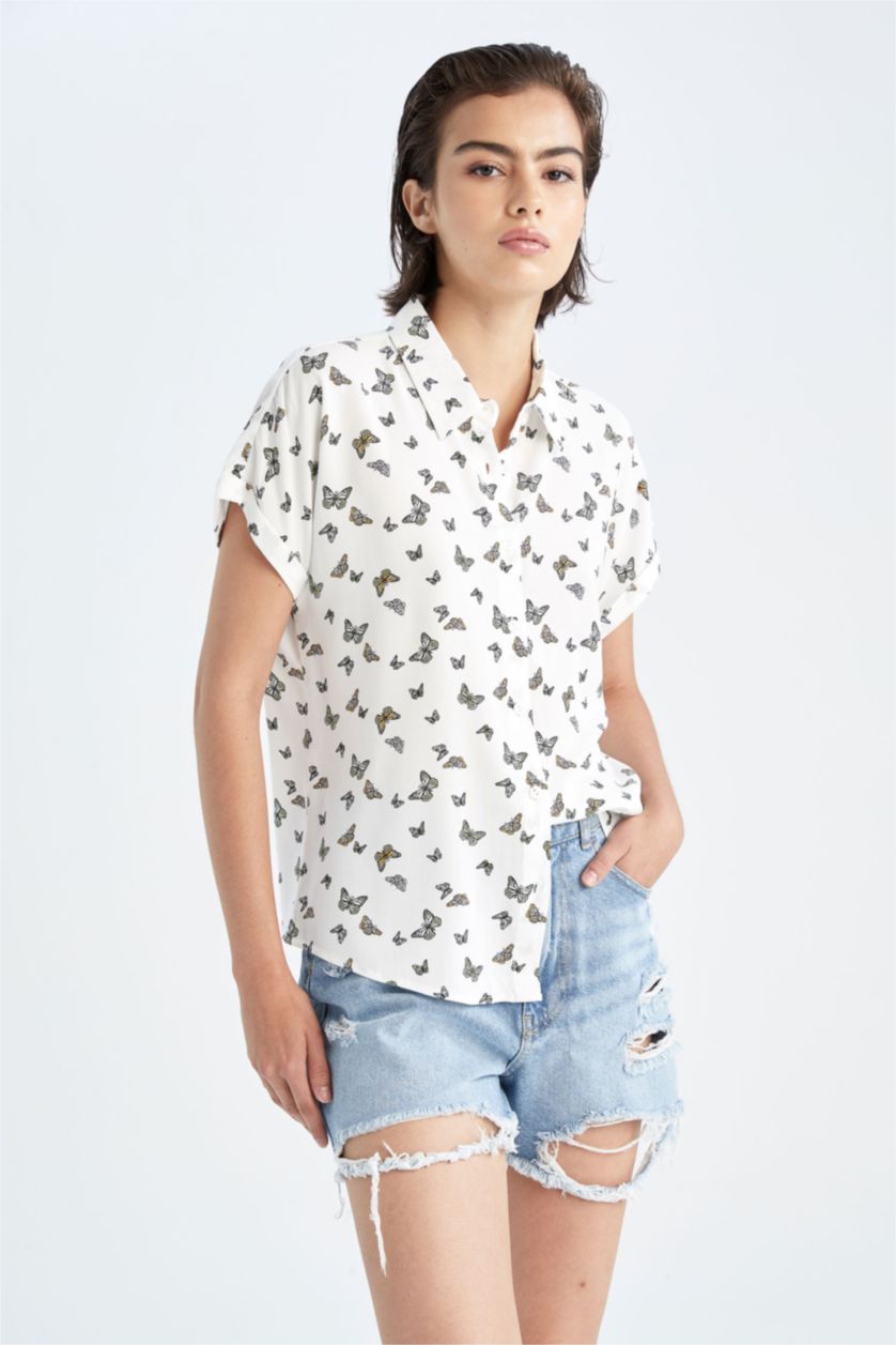 FEMME Blanc Chemise en Viscose à Manches Courtes et à Motifs Coupe Régulière