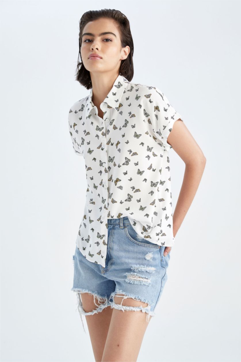 FEMME Blanc Chemise en Viscose à Manches Courtes et à Motifs Coupe Régulière