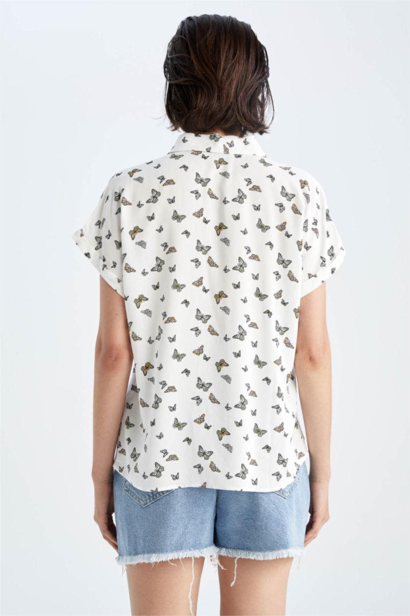 FEMME Blanc Chemise en Viscose à Manches Courtes et à Motifs Coupe Régulière