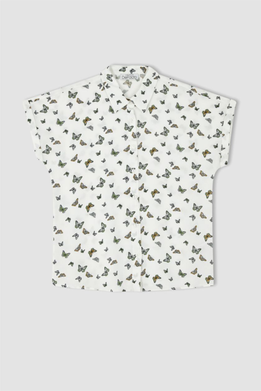 FEMME Blanc Chemise en Viscose à Manches Courtes et à Motifs Coupe Régulière