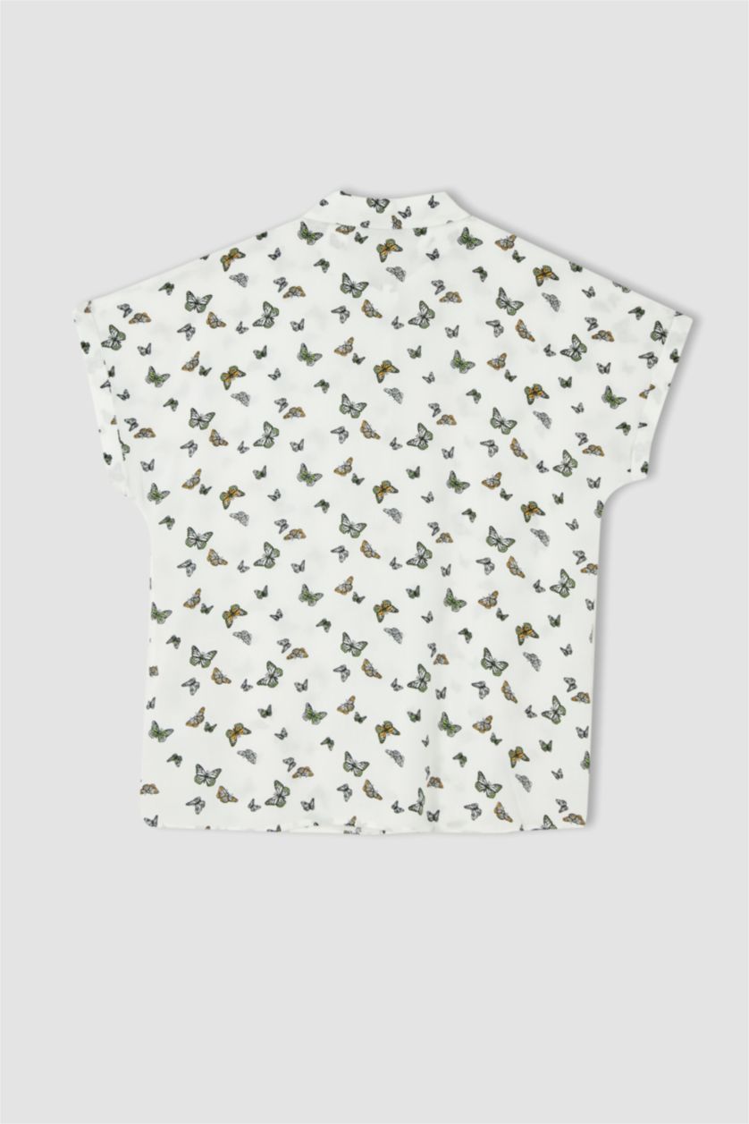 FEMME Blanc Chemise en Viscose à Manches Courtes et à Motifs Coupe Régulière