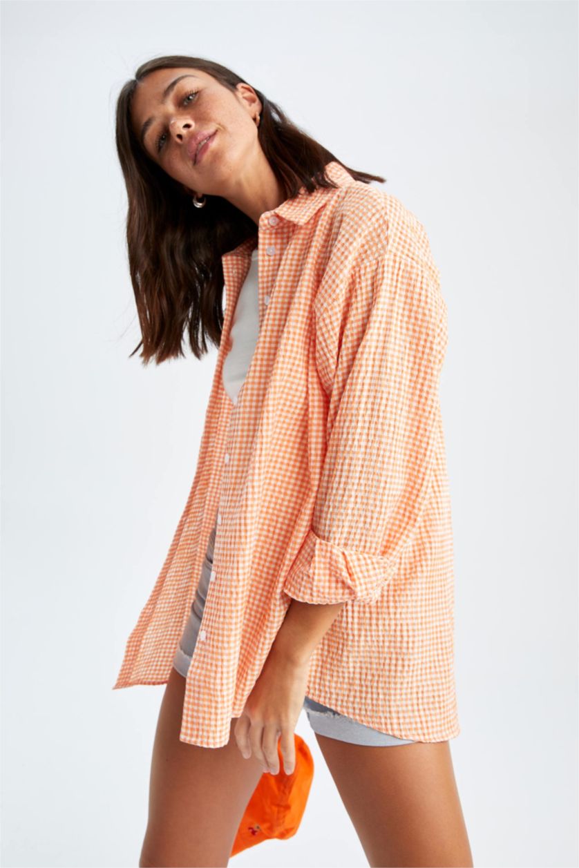 FEMME Orange Tunique chemise texturée Seekers à manches longues et col chemise coupe oversize