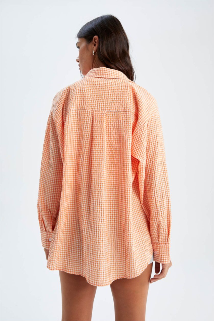 FEMME Orange Tunique chemise texturée Seekers à manches longues et col chemise coupe oversize