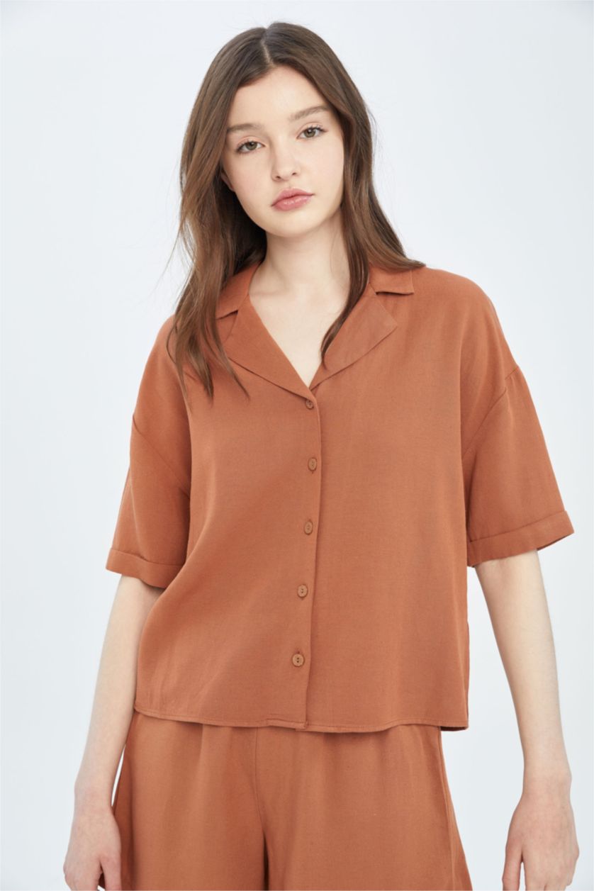 WOMAN Dark Camel Jacket Collar Relax Fit Short Sleeve Linen Shirt