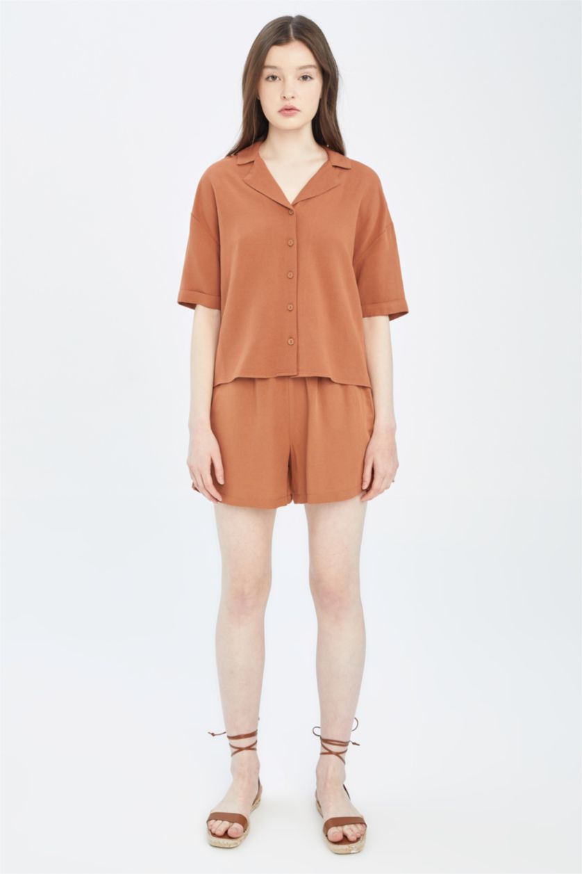 WOMAN Dark Camel Jacket Collar Relax Fit Short Sleeve Linen Shirt