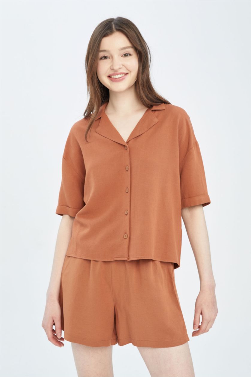 WOMAN Dark Camel Jacket Collar Relax Fit Short Sleeve Linen Shirt
