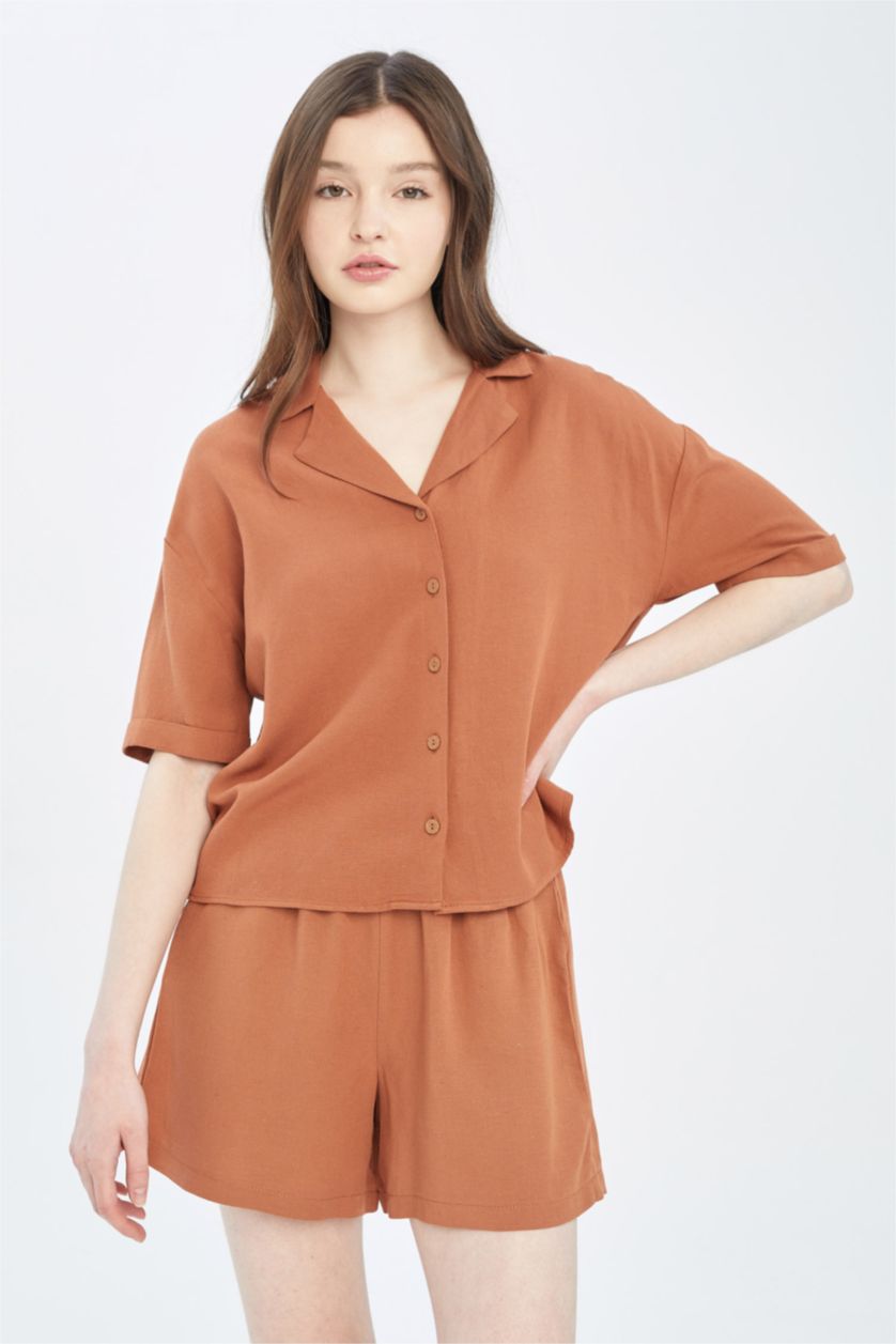 WOMAN Dark Camel Jacket Collar Relax Fit Short Sleeve Linen Shirt